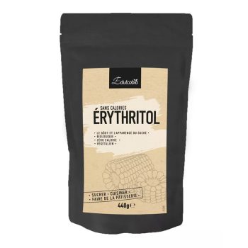 Embalagem de 440g de eritritol biológico da marca Edulcobio, adoçante natural sem calorias, em saco preto com rótulo bege, indicado para adoçar, cozinhar e pastelaria.