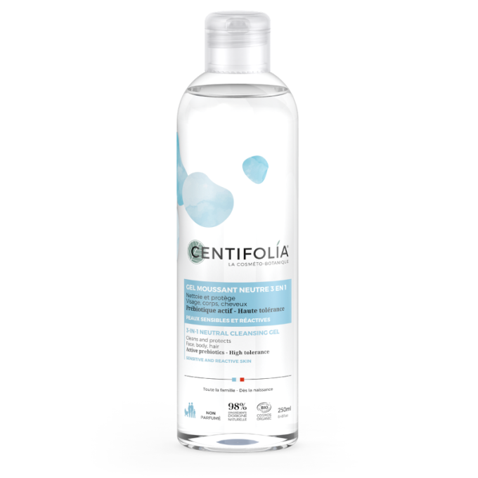 Gel Bio Neutro para limpeza de peles sensíveis e reativas. Com prebiótico ativo lava e protege a pele do rosto, corpo e cabelo. Sem perfume.