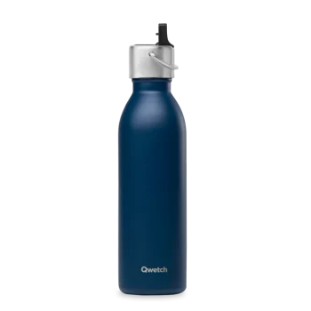 Garrafa reutilizável térmica, Qwetch 600ml em aço inox, cor azul marinho, com tampa com boquilha e pega, vista frontal.