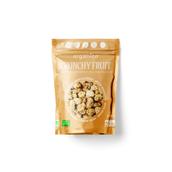 Embalagem castanha de 30g de amoras brancas biológicas liofilizadas e crocantes da marca Organica, com imagem ilustrativa das amoras na parte frontal e selos de certificação biológica.