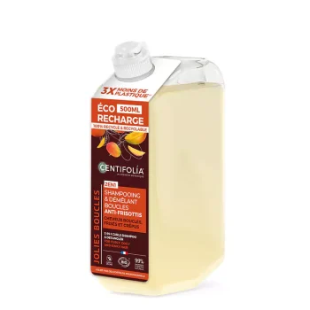 Recarga champô 2 em 1 Centifolia para caracóis, com manga biológica, embalagem de 500ml. Indicado para cabelos encaracolados, frisados e crespos. Produto orgânico com 99% de ingredientes de origem natural.