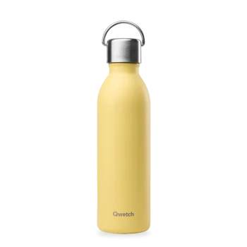 Garrafa térmica Qwetch de 600ml em aço inox, cor limão, com tampa metálica e pega.