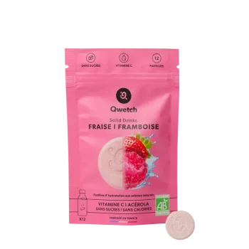 Embalagem rosa de Solid Drink Bio sabor morango e framboesa da Qwetch com ilustrações das frutas e indicação de 12 pastilhas. Compra já online!