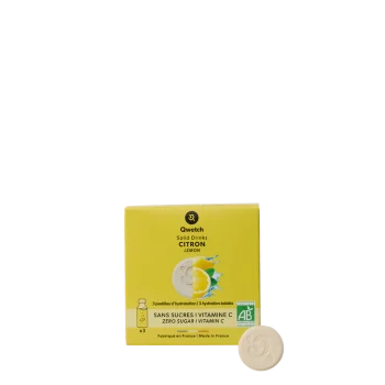 Embalagem amarela de 3 pastilhas Solid Drink Bio Limão da Qwetch com ilustração de fatia de limão e destaque para vitamina C e ausência de açúcar.