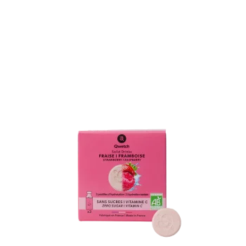 Embalagem rosa de 3 pastilhas Solid Drink Bio sabor morango e framboesa da Qwetch com ilustrações das frutas e destaque para vitamina C e ausência de açúcar.