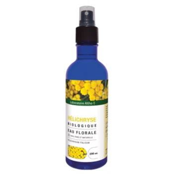 Frasco com spray de 200 ml de água floral biológica de hélicriso (Helichrysum Italicum) da marca Laboratoire Altho, 100% pura e natural.