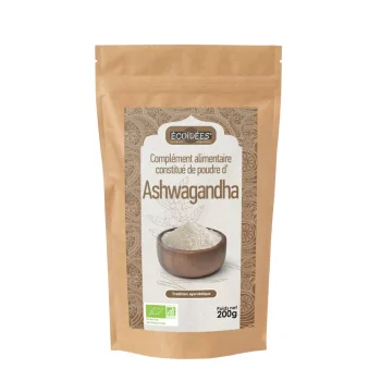 Saco de 200g de pó de ashwagandha biológico da marca Ecoidees. O rótulo apresenta texto em francês indicando que se trata de um suplemento alimentar em pó, proveniente da tradição ayurvédica.