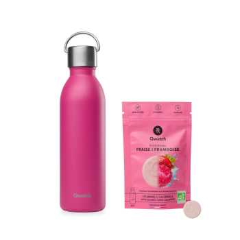 Pack ativo: garrafa térmica reutilizável Qwetch magenta 600ml com 12 pastilhas de bebida sólida biológica sabor morango e framboesa, sem açúcar e sem calorias, com vitamina C e acerola.