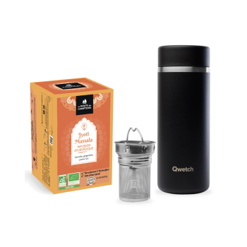 Pack sustentável para dias frios: garrafa térmica preta Qwetch 400ml com infusor metálico e oferta de infusão ayurvédica Jyoti Massala biológica (20 saquetas) da marca La Route des Comptoirs.