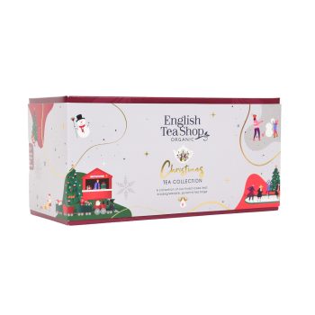Caixa branca da coleção Christmas Tea da English Tea Shop, com 6 pirâmides biodegradáveis de chá biológico em 6 sabores diferentes, decorada com ilustrações natalícias e detalhes dourados.