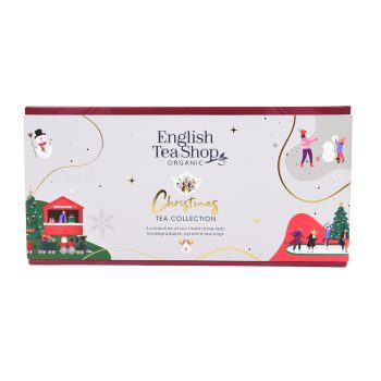 Caixa branca da coleção Christmas Tea da English Tea Shop, com 6 pirâmides biodegradáveis de chá biológico em 6 sabores diferentes, decorada com ilustrações natalícias e detalhes dourados.