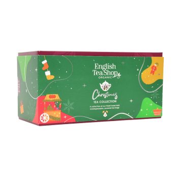 Caixa verde da coleção Christmas Tea da English Tea Shop, com 6 pirâmides biodegradáveis de chá biológico em 6 sabores diferentes, decorada com ilustrações natalícias coloridas e detalhes festivos.