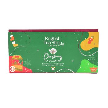 Caixa verde da coleção Christmas Tea da English Tea Shop, com 6 pirâmides biodegradáveis de chá biológico em 6 sabores diferentes, decorada com ilustrações natalícias coloridas e detalhes festivos.