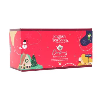Caixa vermelha da coleção Christmas Tea da English Tea Shop, com 6 pirâmides biodegradáveis de chá biológico em 6 sabores diferentes, decorada com ilustrações natalícias coloridas e detalhes festivos.