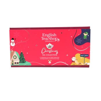 Caixa vermelha da coleção Christmas Tea da English Tea Shop, com 6 pirâmides biodegradáveis de chá biológico em 6 sabores diferentes, decorada com ilustrações natalícias coloridas e detalhes festivos.