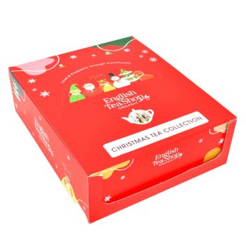 aixa grande vermelha da coleção Christmas Tea da English Tea Shop, com decoração natalícia e indicação de 30 pirâmides de chá biológico em embalagens festivas, ideal para presente sustentável.