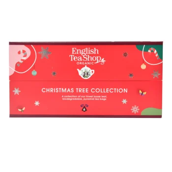 Embalagem retangular vermelha da coleção Christmas Tree da English Tea Shop, com decoração natalícia e indicação de 6 pirâmides de chá biológico em sabores variados, ideal para presente sustentável.