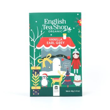 Embalagem verde de chá biológico English Tea Shop sabor Vanilla Earl Grey, com ilustrações natalícias e janela para dedicatória, contendo 20 saquetas.