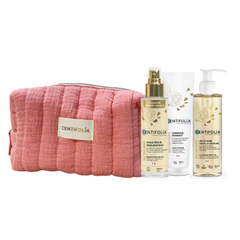 Coffret Golden Nectar da Centifolia com bolsa rosa acolchoada e três produtos para cuidados do corpo: óleo seco 100ml, esfoliante fundente 150ml e óleo de banho 195ml, com óleo de camélia.