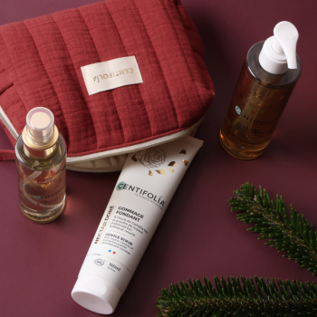 Coffret Golden Nectar da Centifolia com bolsa vermelha acolchoada e três produtos: óleo seco 100ml, esfoliante suave 150ml e óleo de banho 195ml, com óleo de camélia, sobre fundo decorativo com ramos de pinheiro.