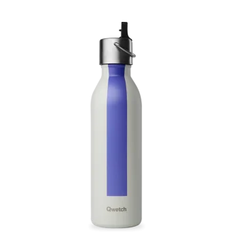 Garrafa térmica Qwetch de 600ml em aço inoxidável, cor cinza com faixa violeta, tampa sport com bocal ergonómico.