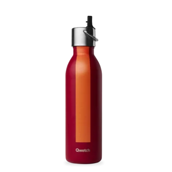 Garrafa térmica Qwetch de 600ml em aço inoxidável, cor vermelho grenat com faixa laranja, tampa sport ergonómica.