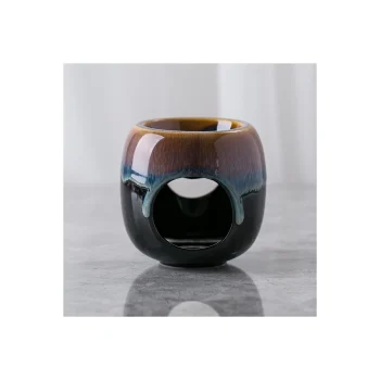 Queimador de óleos essenciais em cerâmica multicolorida com acabamento esmaltado, ideal para aromaterapia e difusão de fragrâncias.