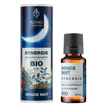 Sinergia de óleos essenciais biológicos Laboratoire Altho Douce Nuit, frasco de 10 ml para difusão, embalagem azul com ilustração floral e lua.
