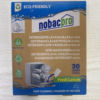 Embalagem do detergente ecológico e concentrado da louça, em folhas da marca Nobacpro, com indicação de 30 lavagens. O design destaca que o produto é biodegradável, vegano, não testado em animais, fácil de usar, e sem produção de resíduos. Perfume “Fresh Lemon”.