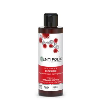 Frasco de 200 ml de óleo vegetal virgem de rícino biológico da marca Centifolia, com rótulo branco e vermelho.