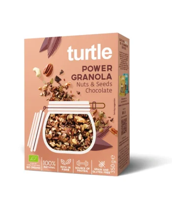 Embalagem de 350g de Power Granola Turtle Nuts & Seeds Chocolate, granola biológica com frutos secos e sementes, sem glúten e vegan.