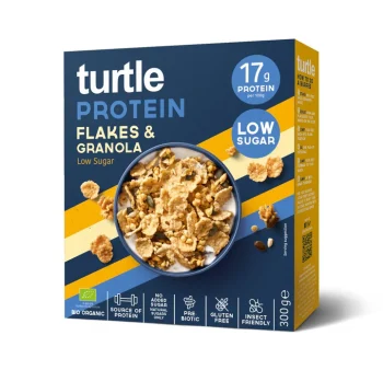 Embalagem de cereais Turtle Protein Flakes & Granola Low Sugar, sem glúten, biológicos, 300 g.