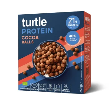 Caixa de cereais Turtle Protein Cocoa Balls, sem glúten e biológicos, embalagem de 250 g.